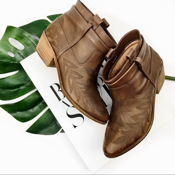 Joie Shoes - Joie embroidered distressed brown leather booties